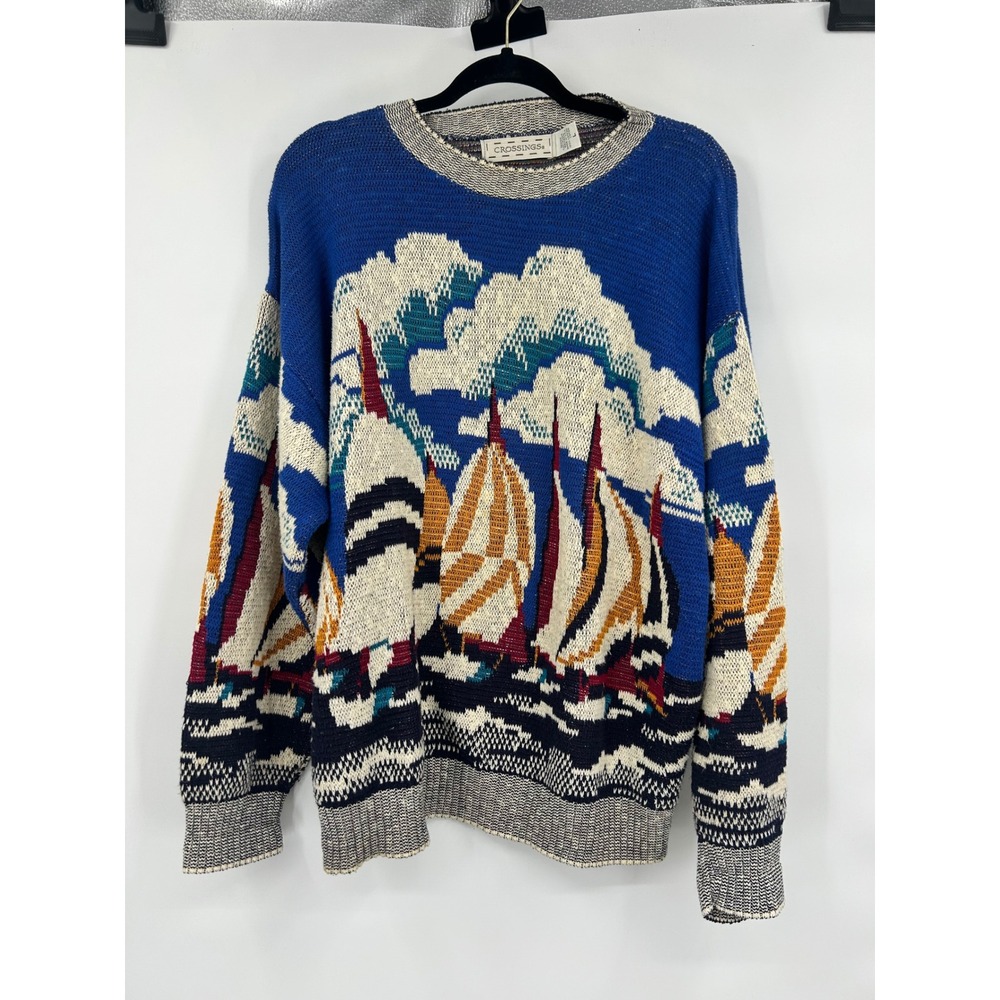 Crossings Vintage 90s Mens Large Sailboat Intarsia Cotton Knit Sweater Blue USA